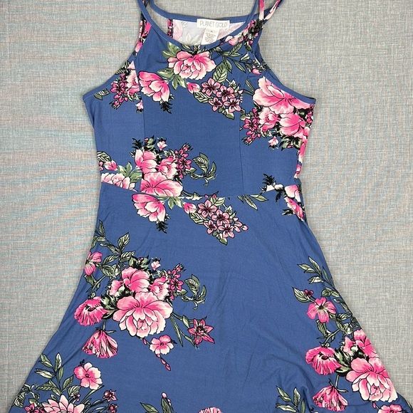 Planet Gold Blue Floral Double Strap Fit and Flare Dress Juniors Size XL - Picture 2 of 5